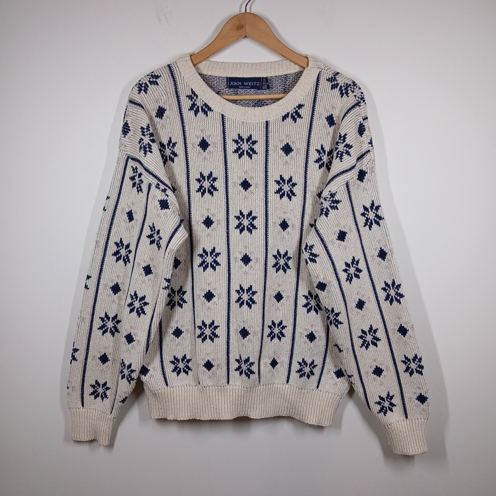 John Weitz Sweater Men Large Cream Knit Snowflake Pattern Vintage USA Winter